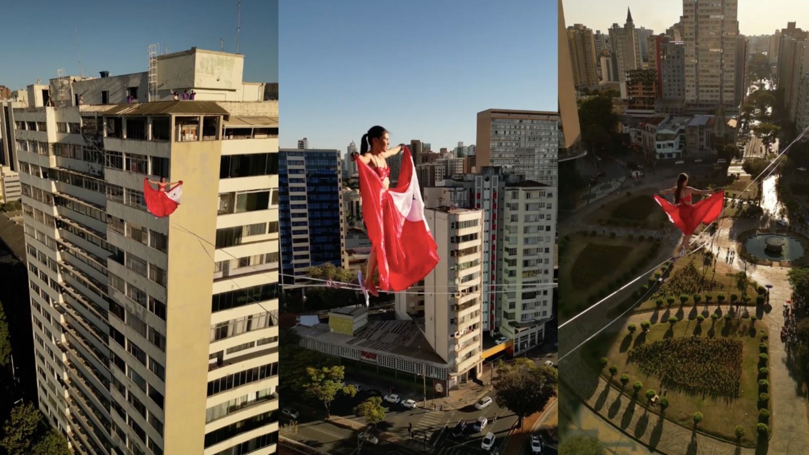 Atleta cruza 229 metros de altura em highline usando saia de carimbó do Pará