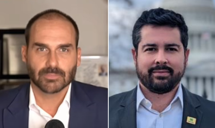 O deputado federal Eduardo Bolsonaro (PL-SP) e o blogueiro Paulo Renato Figueiredo