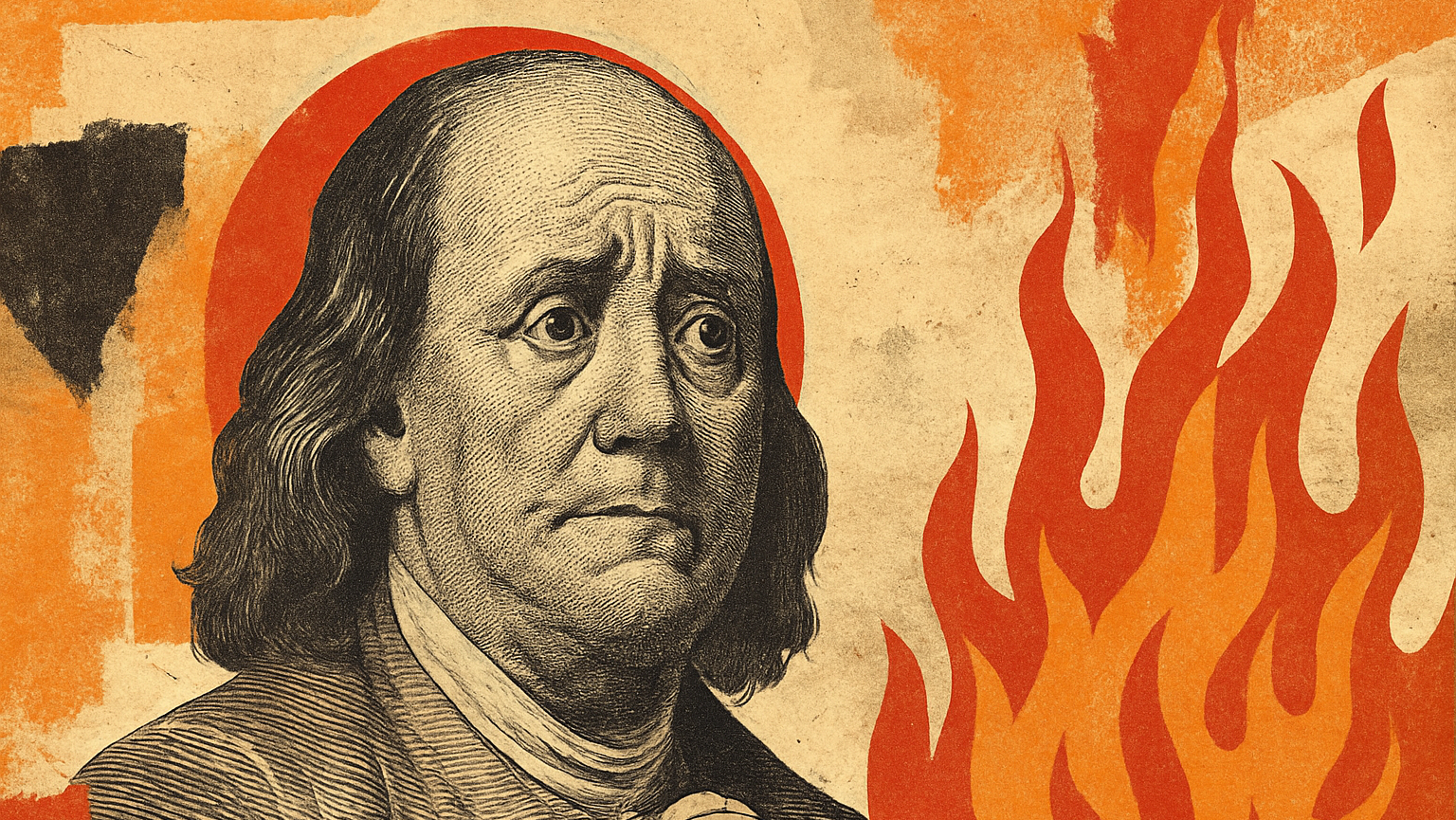 Ilustração de Benjamin Franklin, da nota de 100 dólares, olhando preocupado para fogo