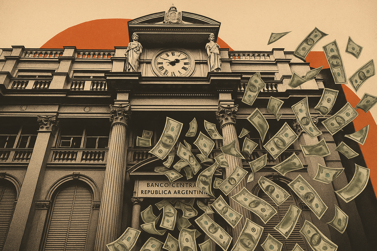 Ilustração do prédio do Banco Central da Argentina cuspindo dólares