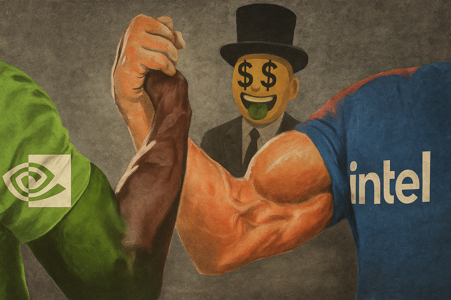 Ilustração de duas pessoas se cumprimentando, uma com as cores da Nvidia e a outra da Intel; ao fundo, uma pessoa de cartola com $ nos olhos