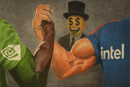 Ilustração de duas pessoas se cumprimentando, uma com as cores da Nvidia e a outra da Intel; ao fundo, uma pessoa de cartola com $ nos olhos