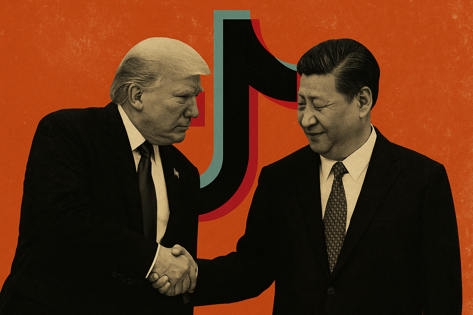 Ilustração de Donald Trump e Xi Jinping se cumprimentando em frente ao logo do TikTok