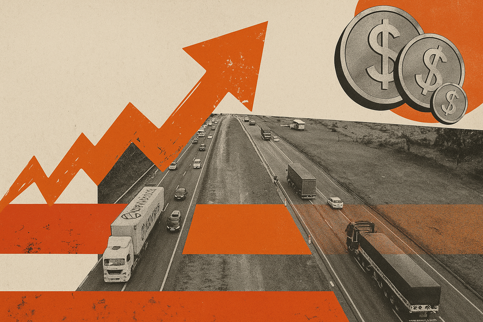 Ilustração de carros na estrada com conceitos gráficos e moedas