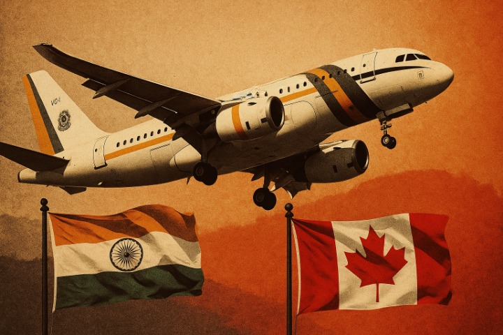 Ilustração do avião presidencial brasileiro sobrevoando as bandeiras de Índia e Canadá