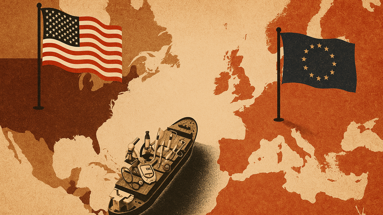 Ilustração de um navio cargueiro com insumos médicos indo à Europa e deixando os Estados Unidos de lado