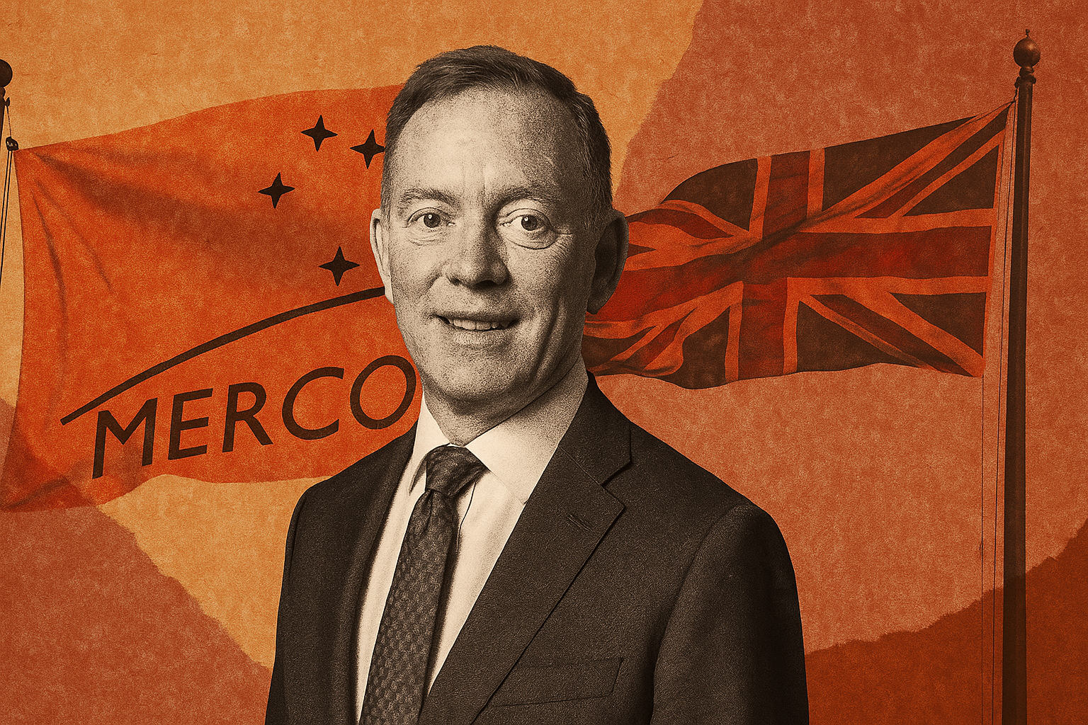 Sir Chris Bryant, ministro de Comércio do Reino Unido, com as bandeiras do Mercosul e do Reino Unido ao fundo