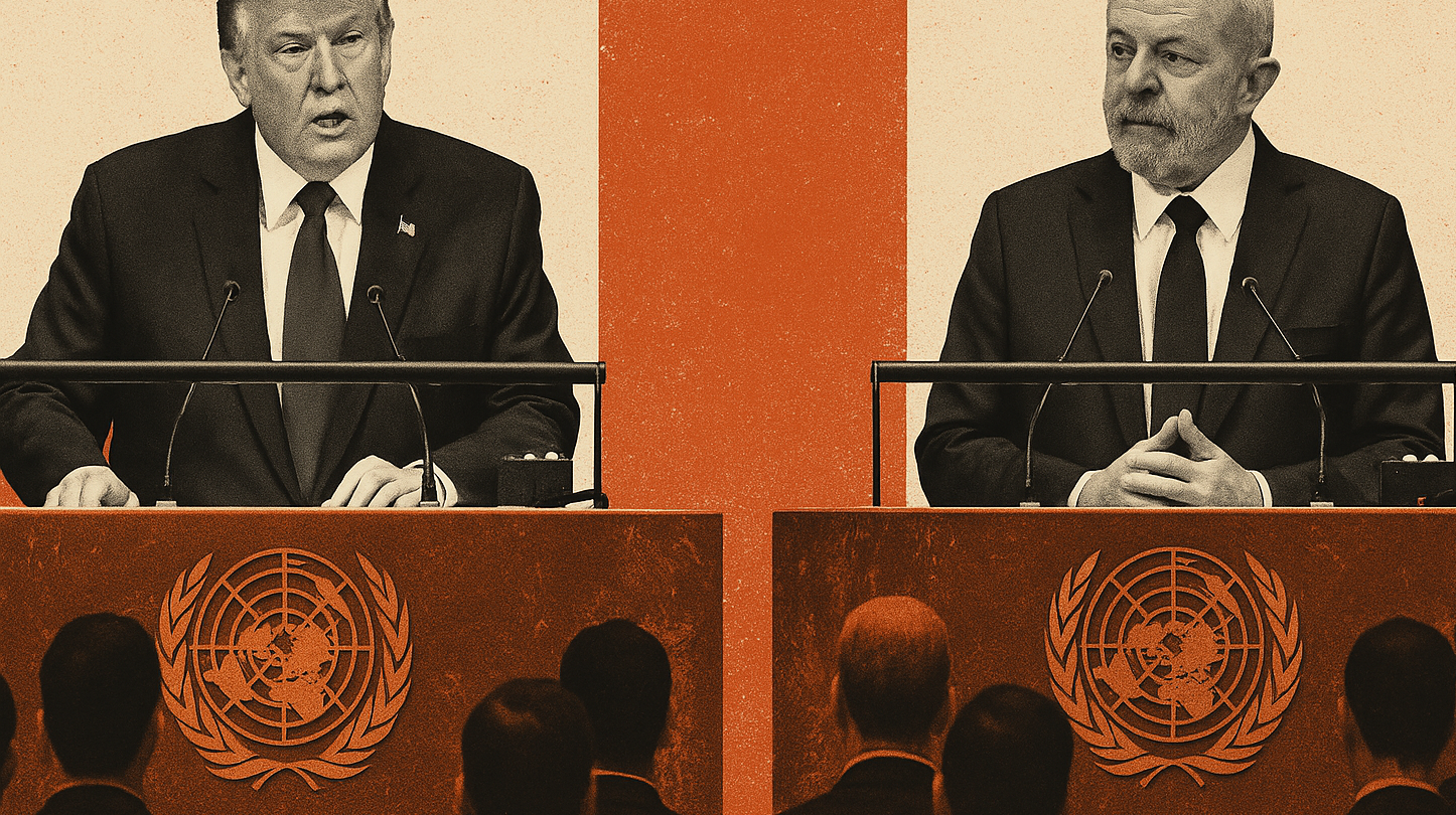 Ilustração dos presidentes Donald Trump e Lula no púpito da Assembleia Geral da ONU sendo observados por homens engravatados