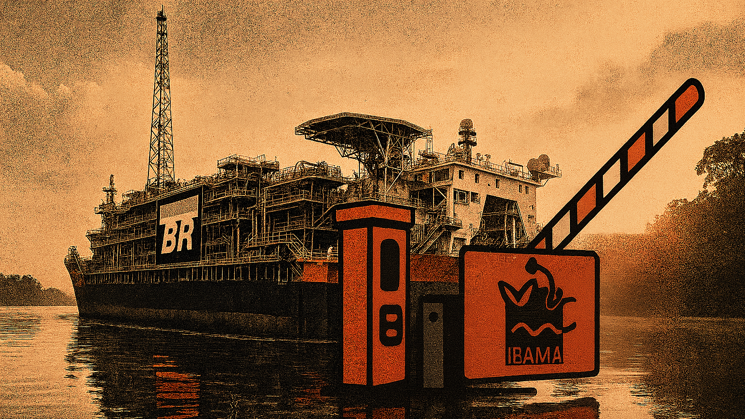 Ilustração de um navio plataforma da Petrobras sendo barrado por um pedágio com o logo do Ibama