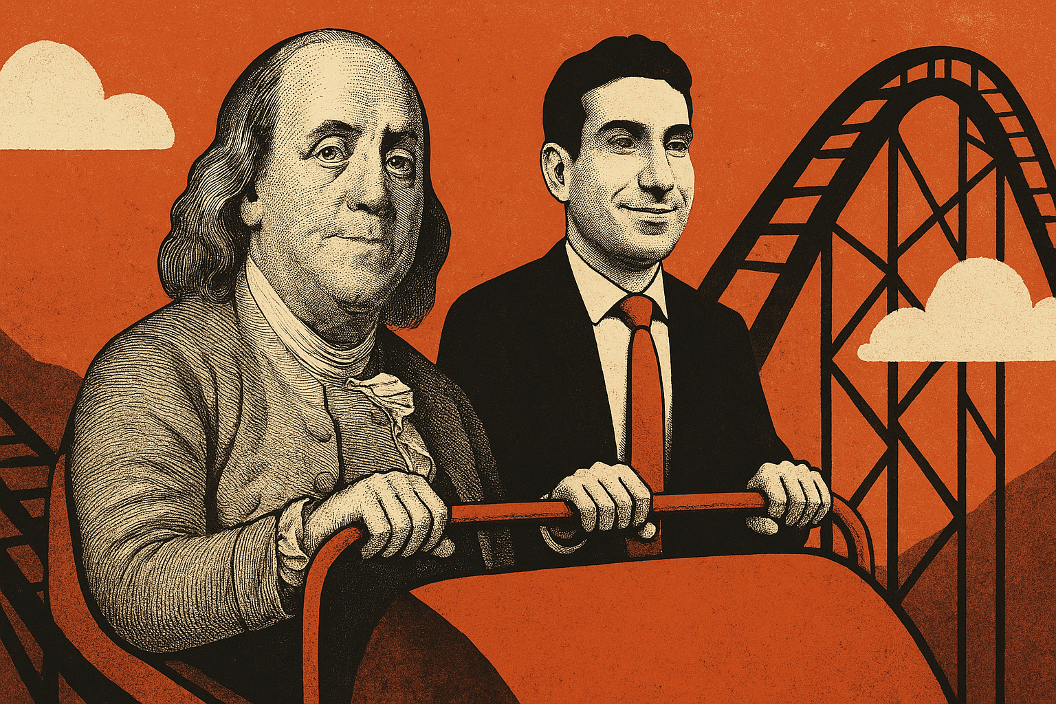 Ilustração do Benjamin Franklin da nota de 100 dólares ao lado do presidente do BC, Gabriel Galípolo, descendo em uma montanha russa