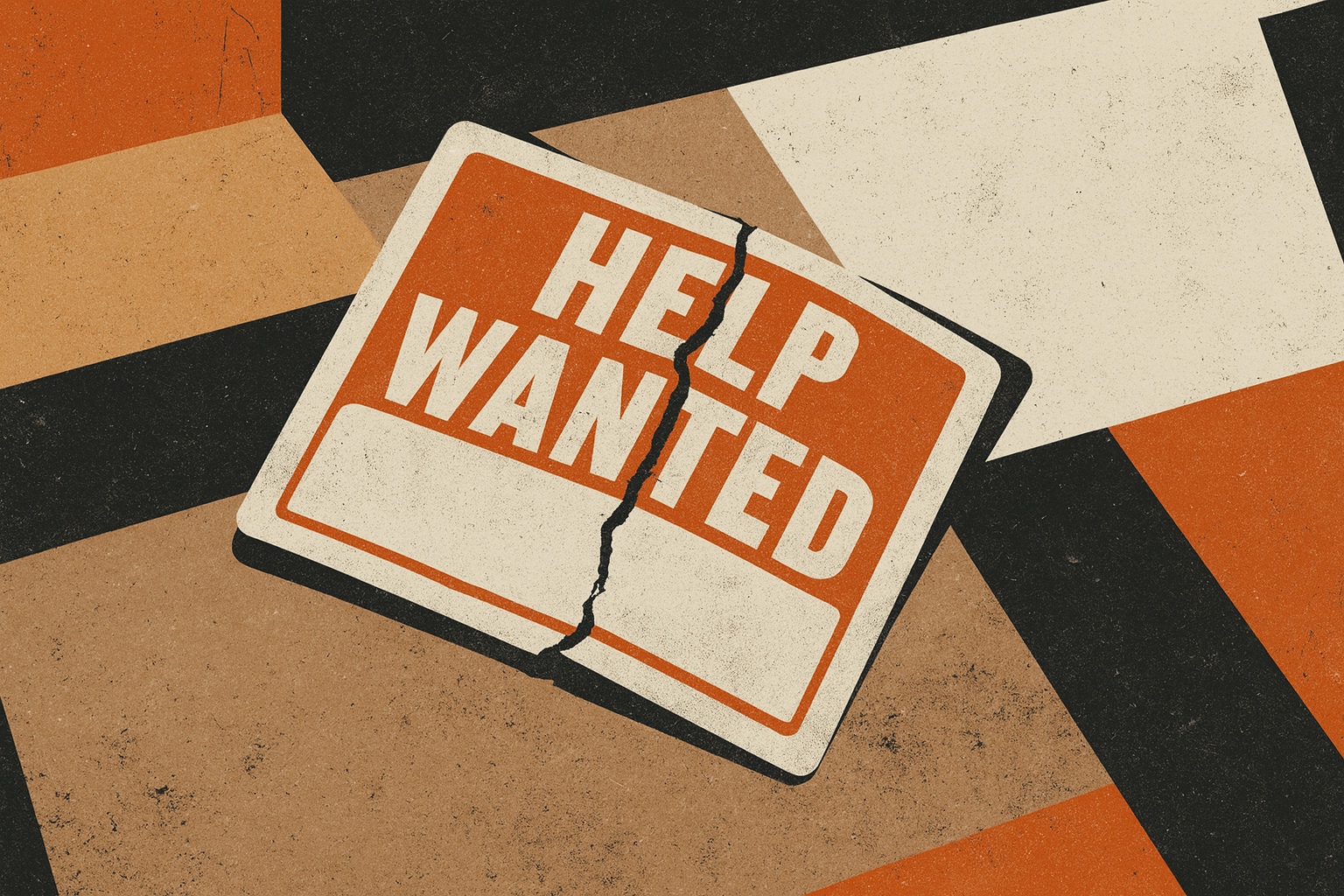 Ilustração de uma placa escrito "help wanted" rachada