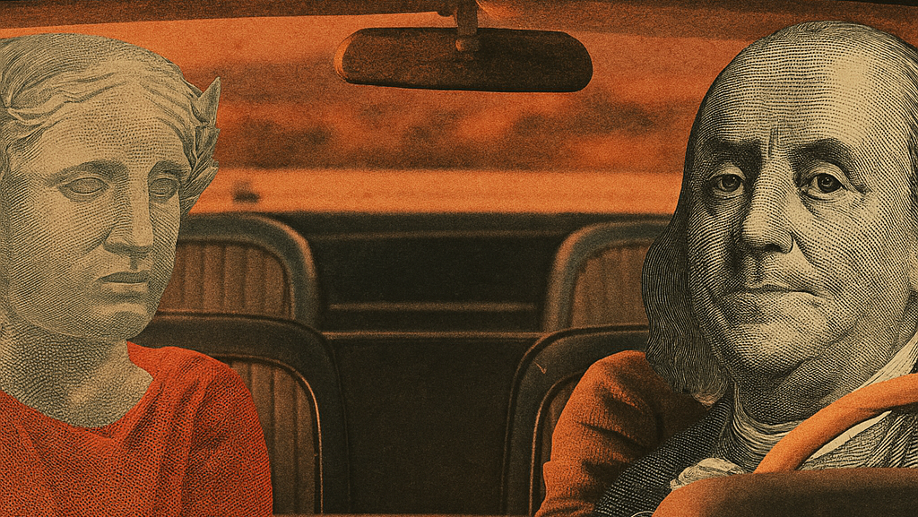 Ilustração dos rostos da nota de real e de dólar em um carro, em referência à cena final de Thelma & Louise