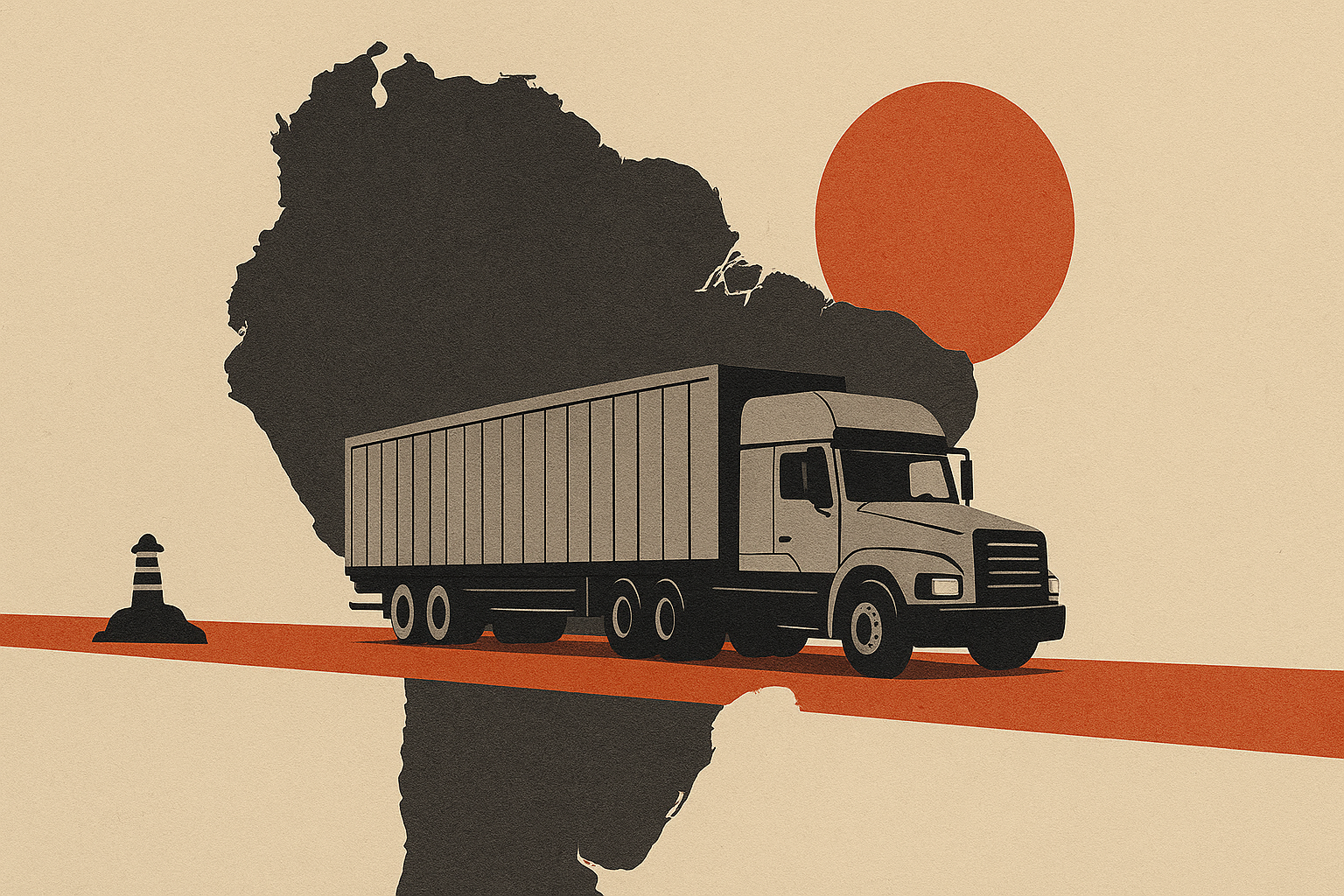 Ilustração de um caminhão em frente ao traçado da América do Sul