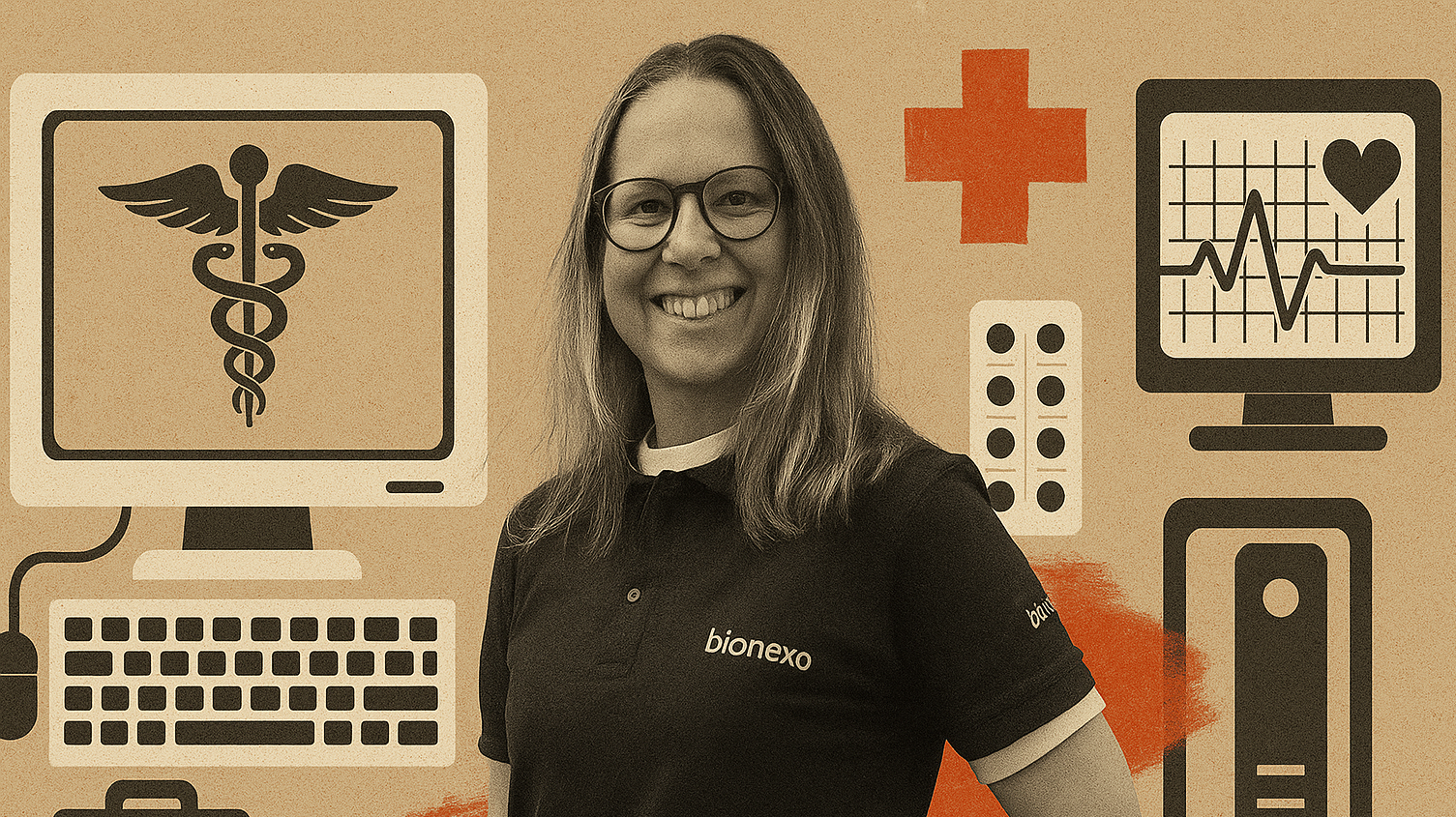 Solange Plebani, CEO da Bionexo, e elementos gráficos que remetem à saúde e tecnologia
