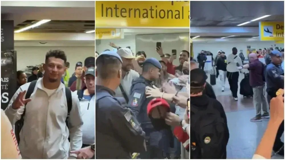 Patrick Mahomes, Travis Kelce e Chris Jones, do Kansas Chiefs, no Aeroporto Internacional de São Paulo-Guarulhos