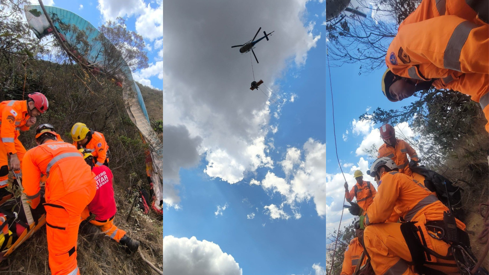 Vídeo: homem é resgatado após cair de parapente em penhasco na Grande BH