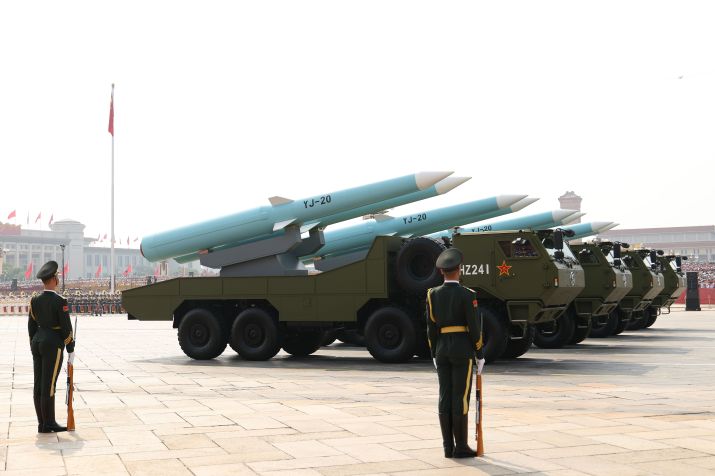 Vehicles carry the anti-ship missiles YJ-20 at the Chinese military parade. • Zhang/Getty Images