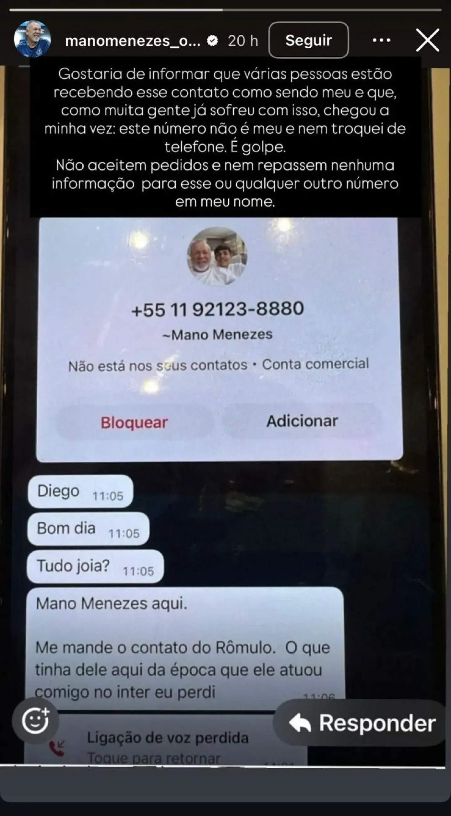 Golpistas se passam por Mano Menezes • Reprodução/@manomenezes_oficial