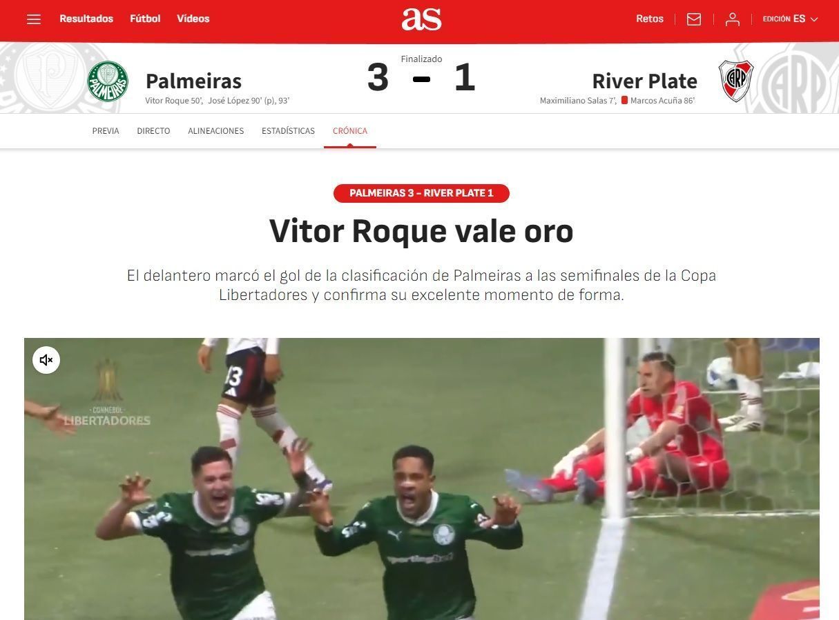 Jornal espanhol destaca atuação de Vitor Roque contra o River Plate • Reprodução/As