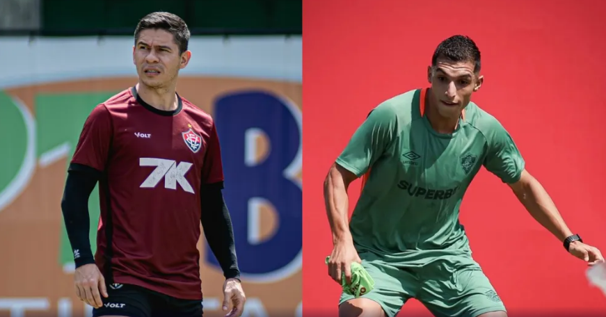 Osvaldo, do Vitória, e Serna, do Fluminense, em treinos por suas equipes