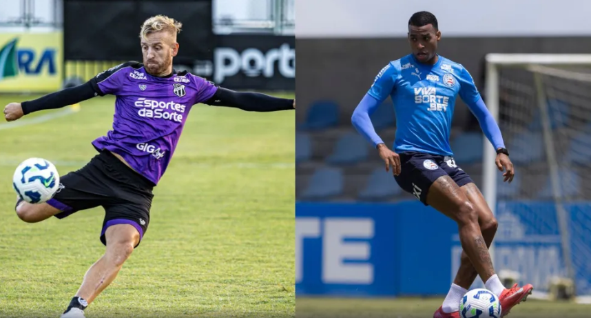 Pedro Henrique, do Ceará, e Jean Lucas, do Bahia, em treinos do Ceará e Bahia