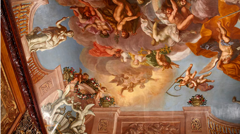 Pintura no teto representando Catarina de Bragança, esposa de Carlos II