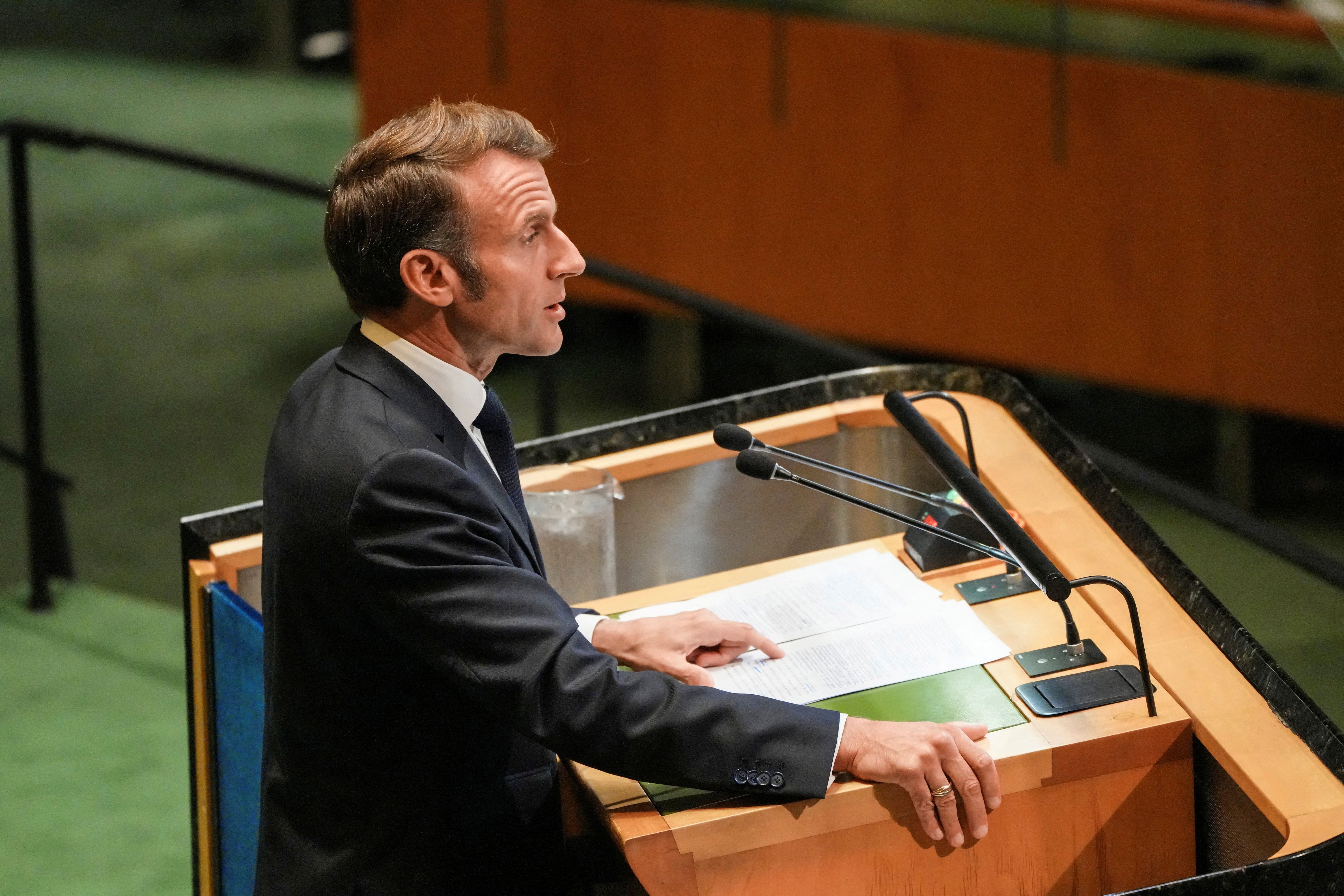 O presidente francês Emmanuel Macron discursa durante reunião de chefes de Estado na sede das Nações Unidas em Nova York, EUA