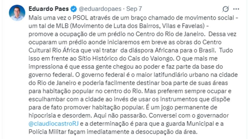 O prefeito do Rio Eduardo Paes se manifestou pelas redes sociais sobre a desocupação do prédio • Reprodução - Redes Sociais