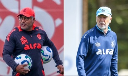Roger Machado e Mano Menezes nos treinos de Inter e Grêmio