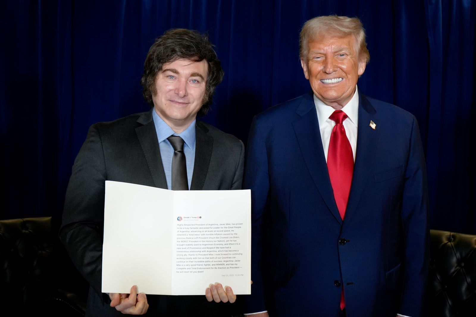 Na ONU, Trump se reúne com Milei e endossa reeleição do argentino