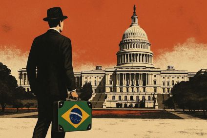 Ilustração de um homem de terno, segurando uma maleta com a bandeira do Brasil, indo ao Capitólio dos EUA