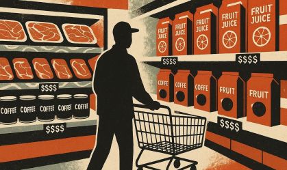 Ilustração de uma pessoa no supermercado com preços altos nos produtos