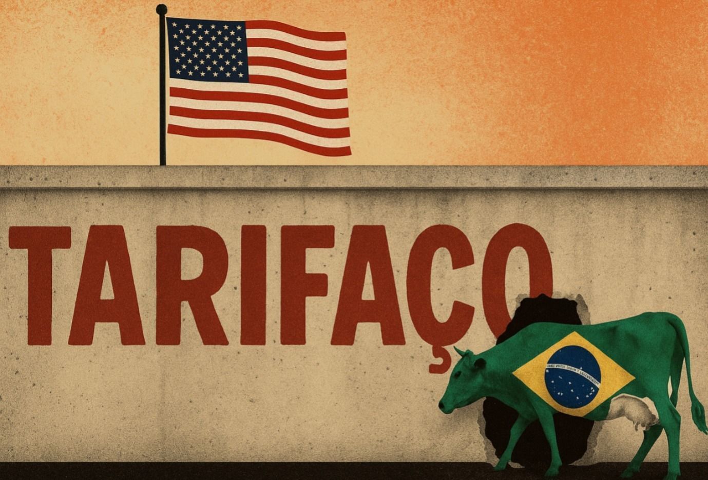 Ilustração de uma vaca com as cores da bandeira do Brasil passando por um buraco num muro escrito "tarifaço". Acima a bandeira dos EUA.
