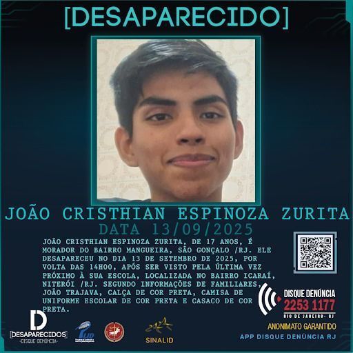 Cartaz do Disque-denúncia pede informações sobre o adolescente desaparecido • Reprodução