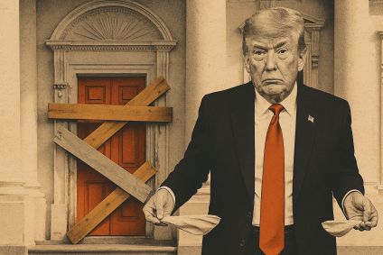 Ilustração de Donald Trump ao lado da Casa Branca com madeiras pregadas à porta