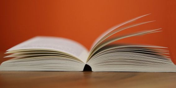 Livro aberto ao meio sobre uma mesa com um fundo laranja