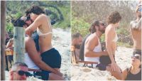 Agatha Moreira e Rodrigo Simas trocam beijos em praia no Rio