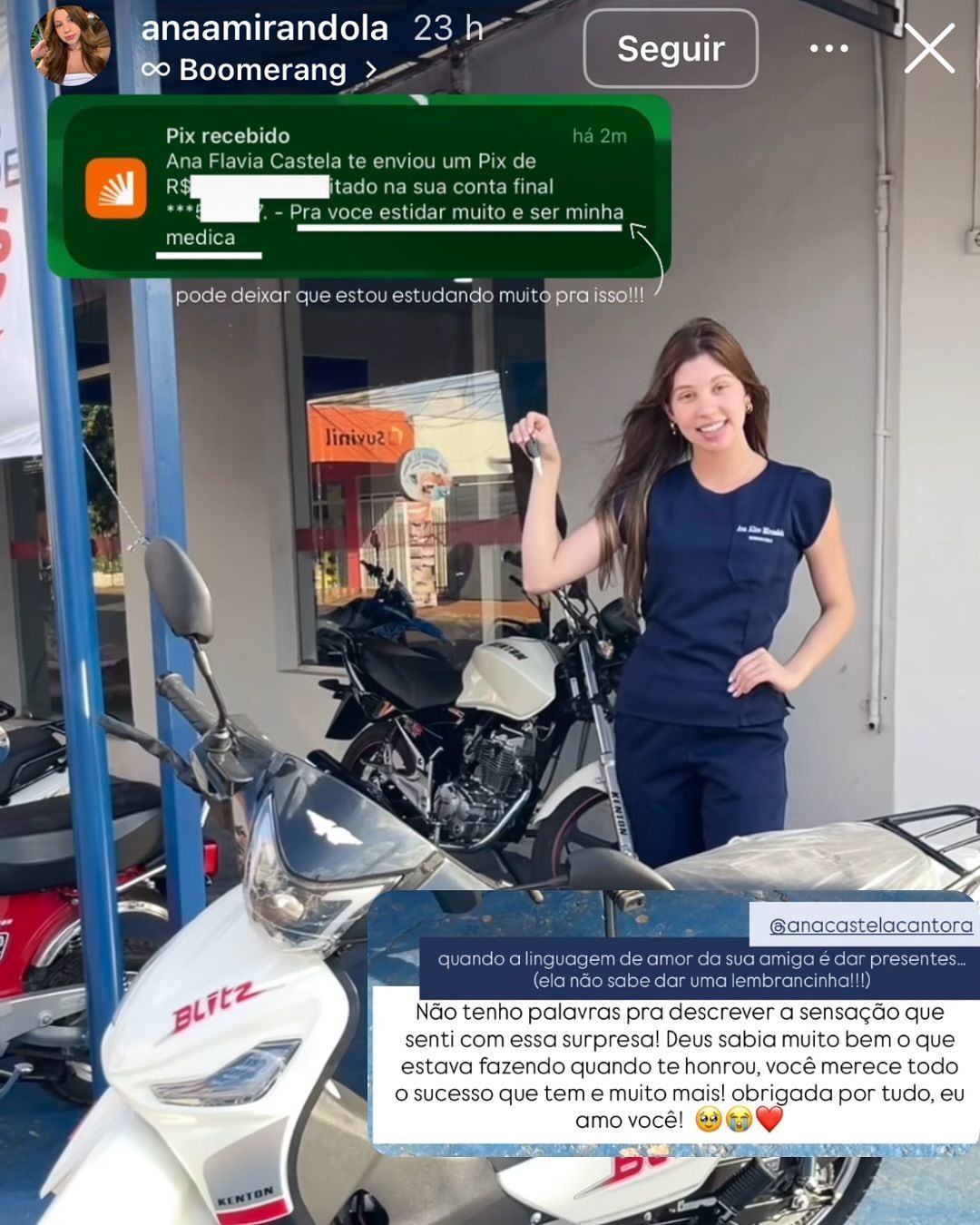 Ana Castela presenteia amiga de infância com moto e "pix generoso" • Reprodução / Instagram