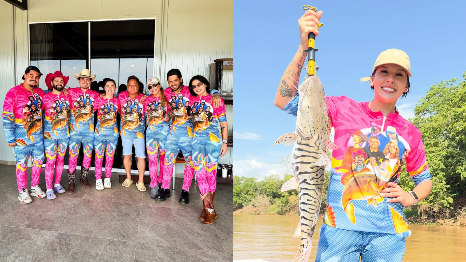 O macacão usado por todos tem as cores rosa e azul, uma foto e o nome de cada participante da viagem
