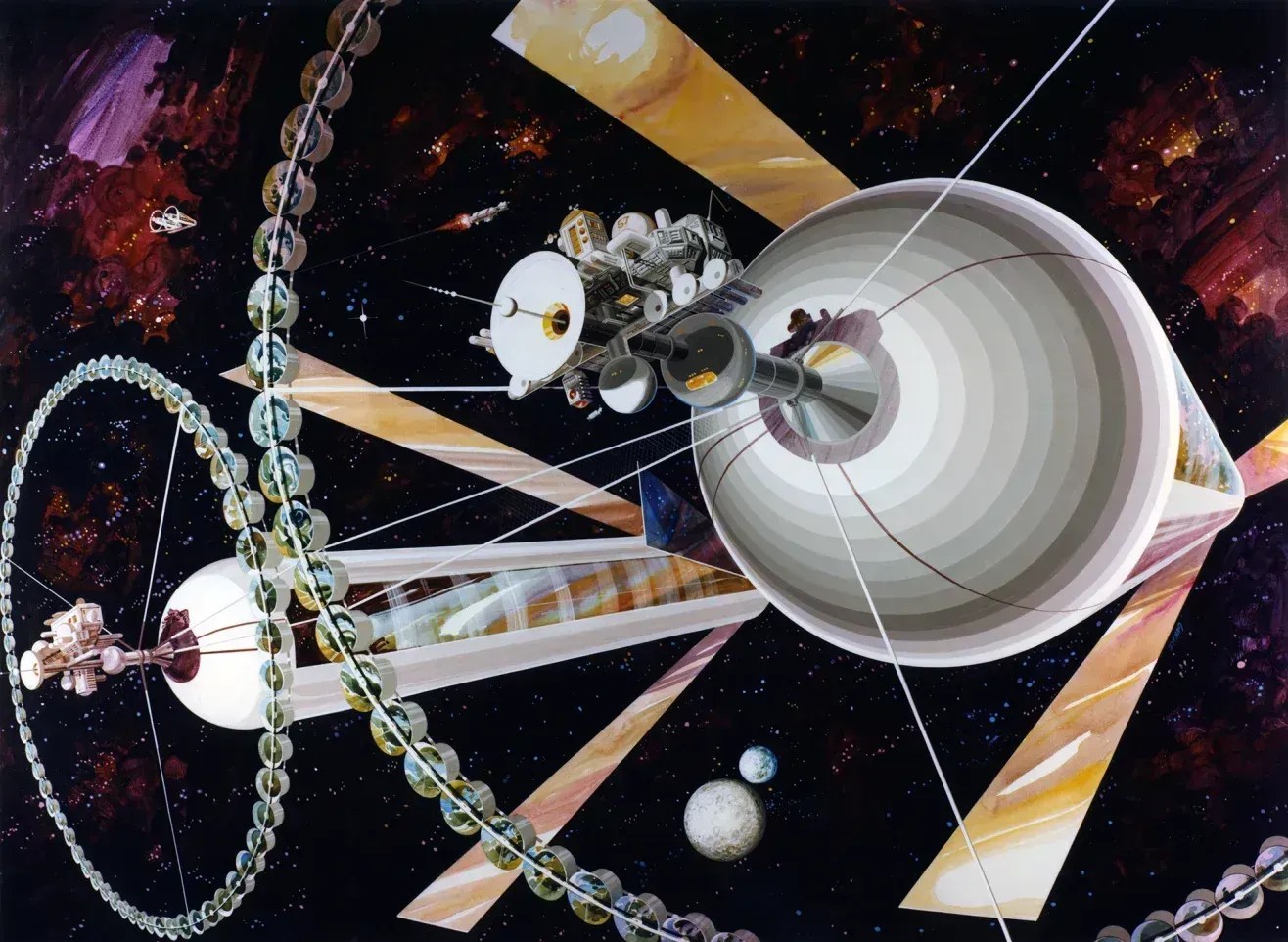 Esta arte conceitual mostra uma colônia O'Neill, ou cilindro O'Neill. Os módulos mostrados na grande estrutura em anel ao redor da tampa seriam usados ​​para agricultura • Rick Guidice/Nasa
