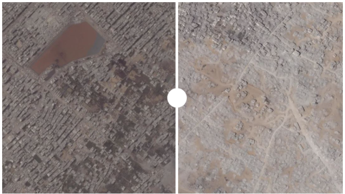 Jabalya, ao norte da Cidade de Gaza, em 9 de agosto (à esquerda) e em 5 de setembro (à direita)