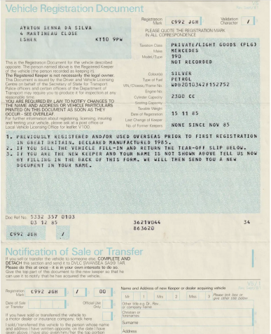 1985 Mercedes-Benz 190 E 2.3-16: Nota fiscal em nome de Senna • Divulgação/RM Sotheby's