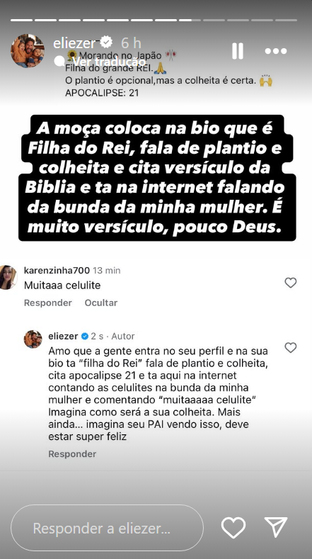 Eliezer critica ataques ao corpo de Viih Tube • Instagram/ Eliezer