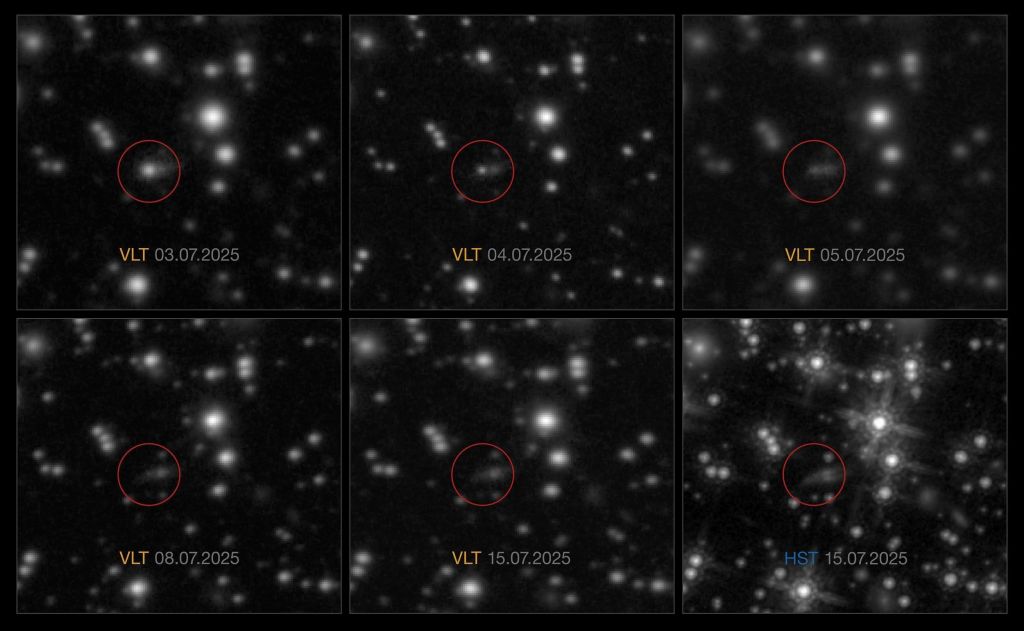O Very Large Telescope identificou a localização das explosões e monitorou o desaparecimento do brilho residual ao longo de vários dias. Uma imagem do Hubble, no canto inferior direito, confirmou a natureza extragaláctica do evento