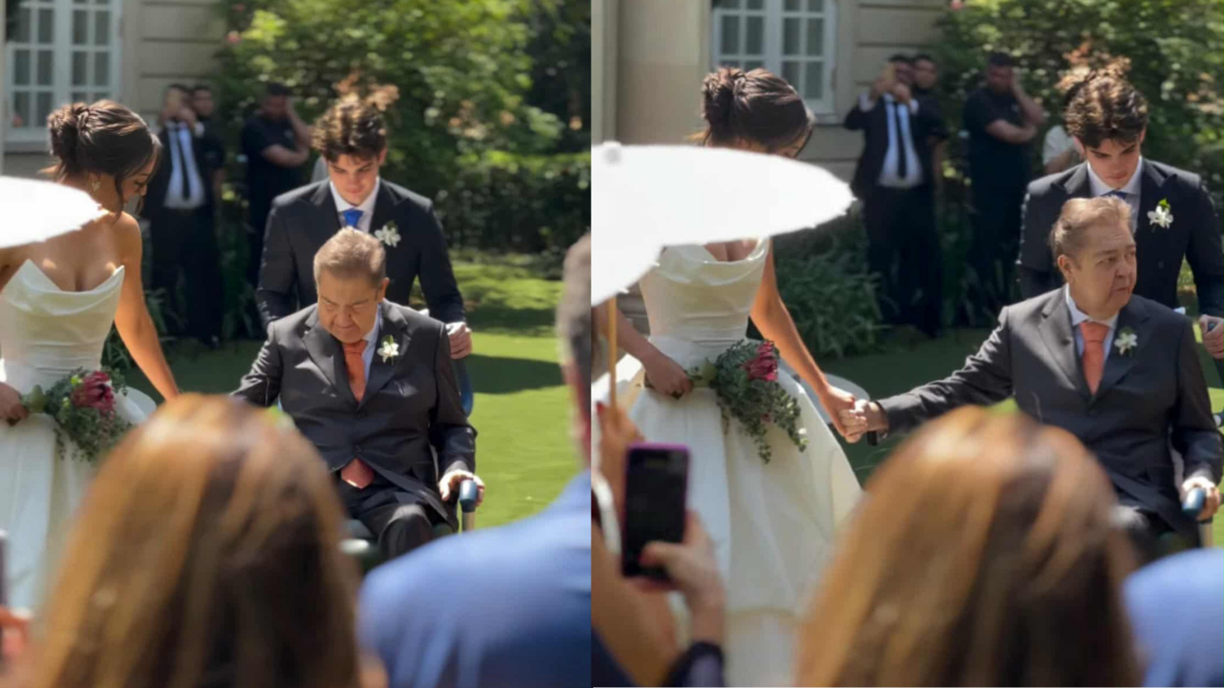 Faustão aparece em cadeira de rodas no casamento da filha Lara; veja