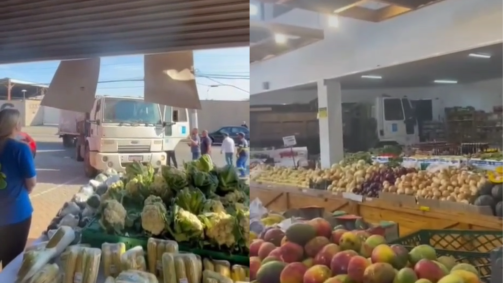 Homem usou o caminhão para acertar a fachada e os produtos do sacolão