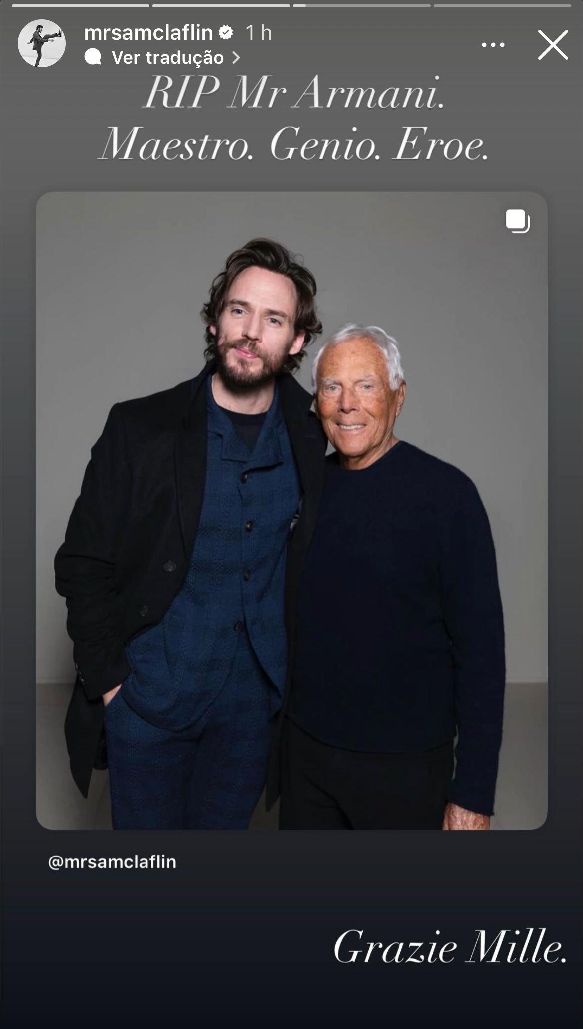 Sam Claflin homenageou Giorgio Armani nas redes sociais • Reprodução