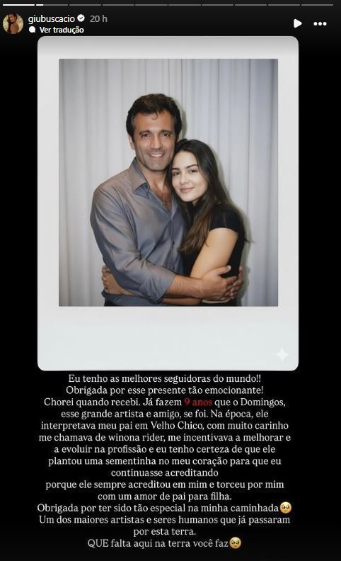 Giullia Buscacio relembrou morte do ator que interpretou seu pai na novela "Velho Chico" • Instagram/Giullia Buscacio