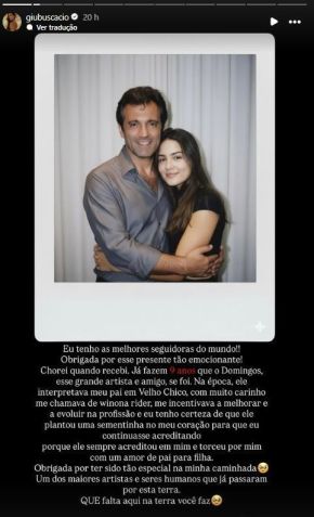 Giullia Buscacio relembrou morte do ator que interpretou seu pai na novela "Velho Chico" • Instagram/Giullia Buscacio