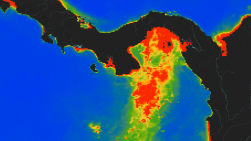 Concentrações de clorofila nos oceanos ao redor do Panamá (azul = baixa, vermelho = alta) em fevereiro de 2024, mostrando pico de produtividade no Golfo do Panamá durante um período típico de ressurgência